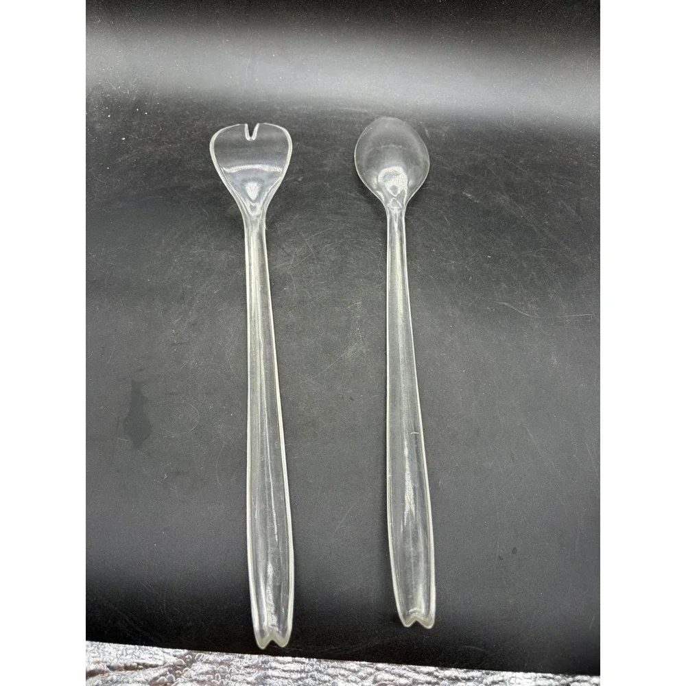 Vintage Clear Pressed Glass Salad Bowl with Matching Acrylic Serving Utensils‎